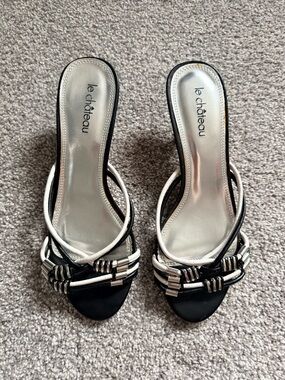 le chateau Two-Tone Black & White Strappy Slide Heels with Silver Hardware